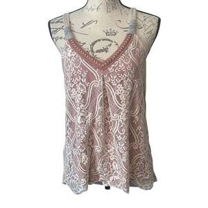 Venus Creme Lace Pink Peak A Boo Boho T-shirt Knit Back Tank Top